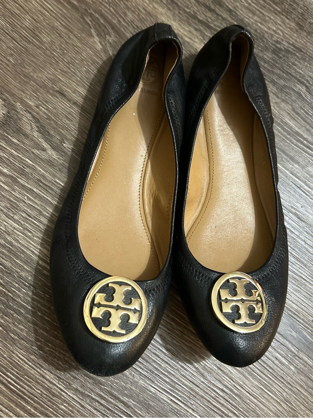 Tory Burch Benton 2 Travel Ballet Nellie Ballerina Black Gold Size 10.5 Leather